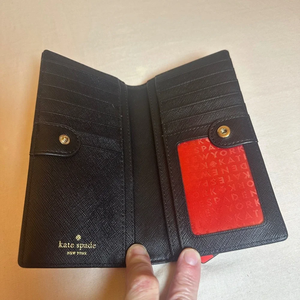 Kate‎ Spade New York Striped Saffiano Leather Bifold Slim Wallet Red Pink Black
